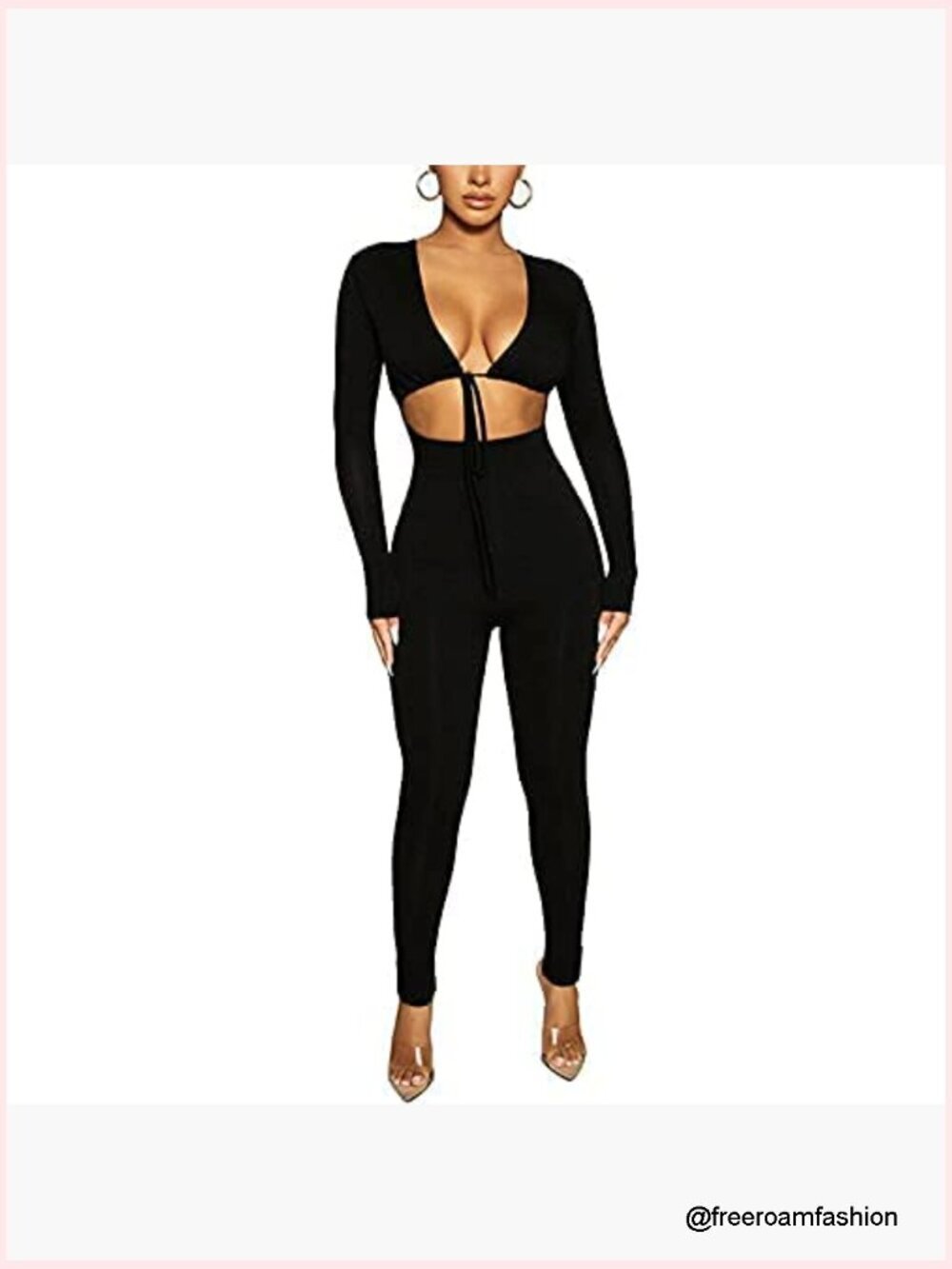Women's Sexy Cut Out Bodycon Jumpsuit Lace Up Front V Neck One Piece Outfit - Picture 5 of 7